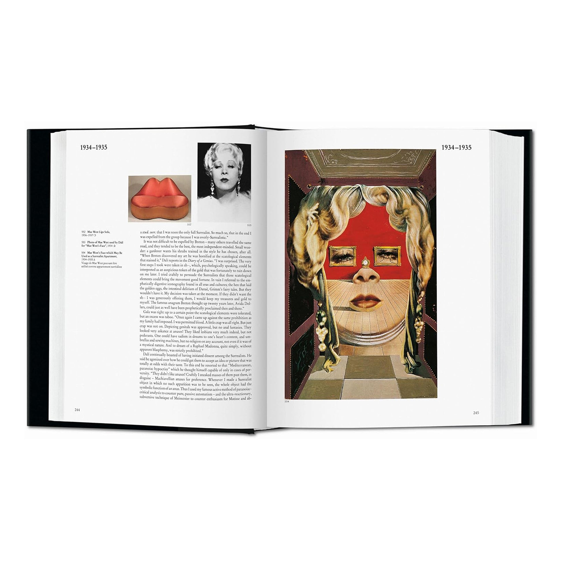 Dalí book showing the Mae West Lips Sofa and surrealist portraits from 1934-1935.
