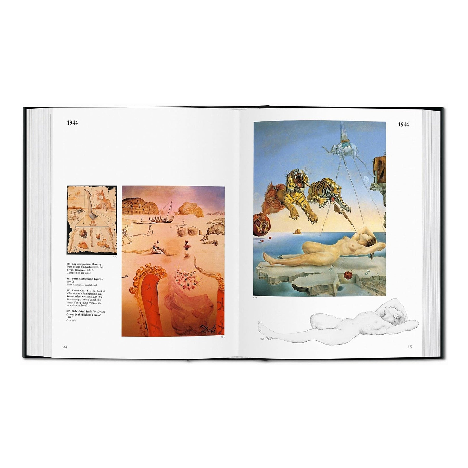 Dalí art book spread showing "Dream Caused by the Flight of a Bee Around a Pomegranate a Second Before Awakening" from 1944.