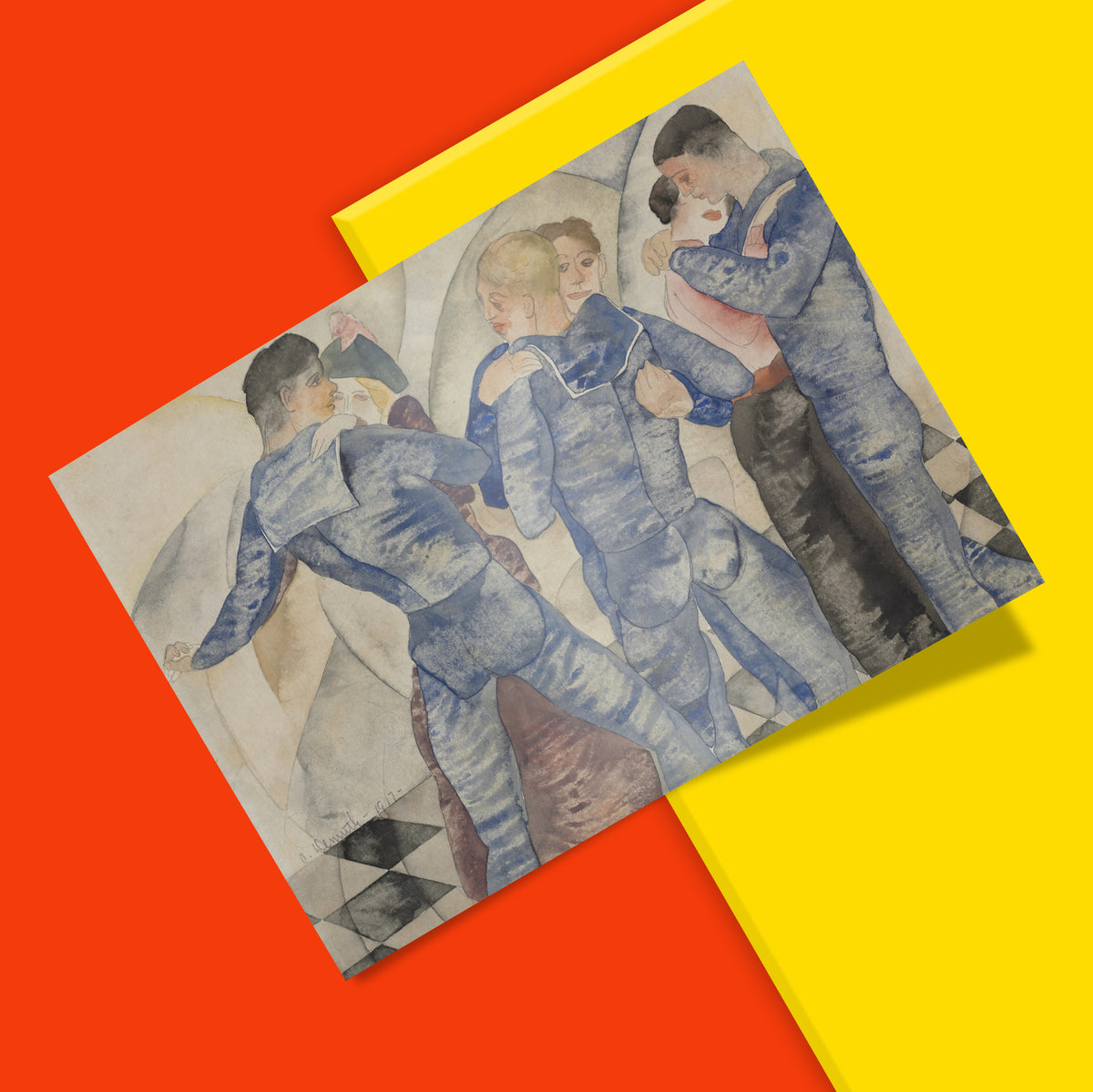 Close-up detail of Dancing Sailors watercolour print showing layered brushwork and soft colour blending