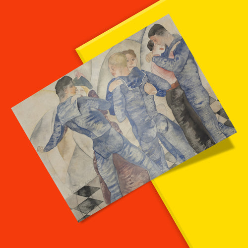 Close-up detail of Dancing Sailors watercolour print showing layered brushwork and soft colour blending