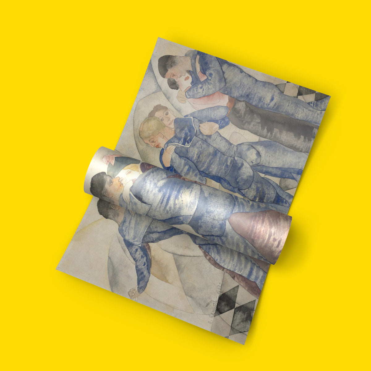A roll of fine art featuring a watercolor-style illustration of figures in blue uniforms, shown partially unrolled on a solid bright yellow background.