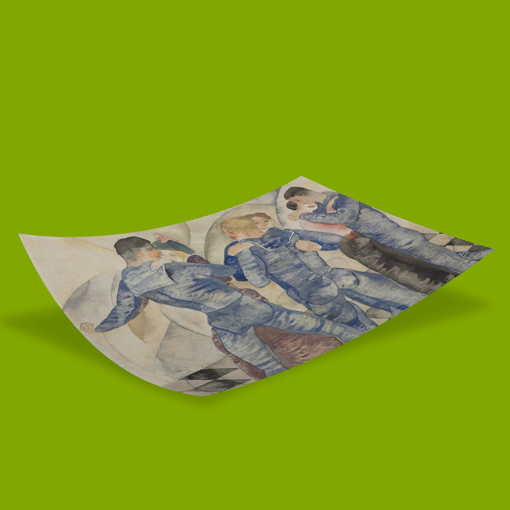 A sheet of paper featuring a watercolor painting of figures in blue uniforms, shown against a solid lime green background with a soft drop shadow.