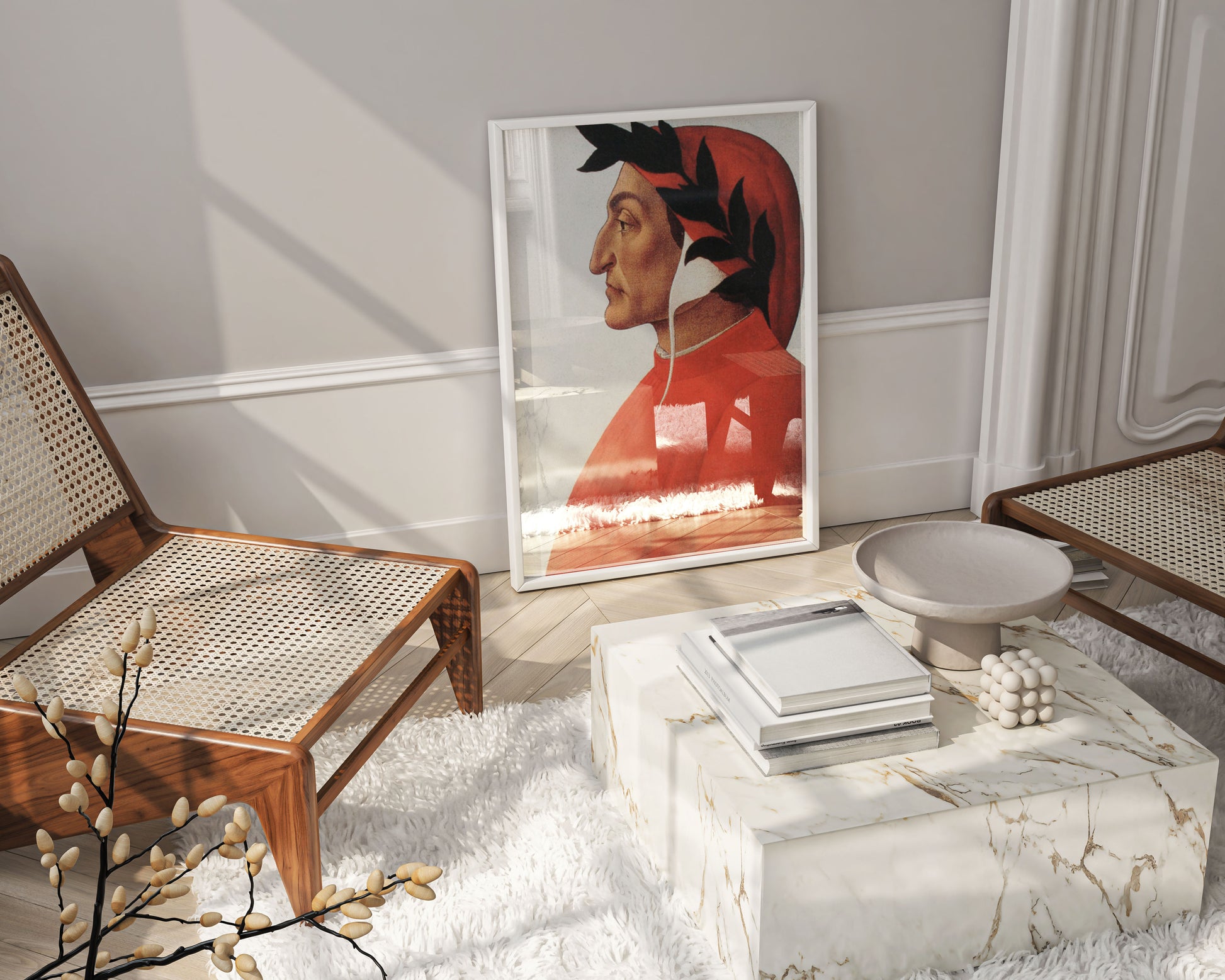 High-quality wall art featuring the famous Dante portrait by Botticelli, displayed in a stylish frame to enhance any living space.