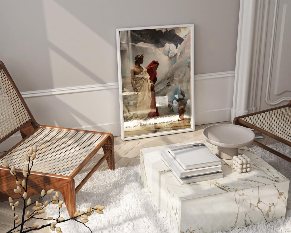 A high-quality framed art print of 'Dante and Virgil in the Underworld' by Gustave Courtois, serving as a striking focal point in a modern, luxury living room interior.