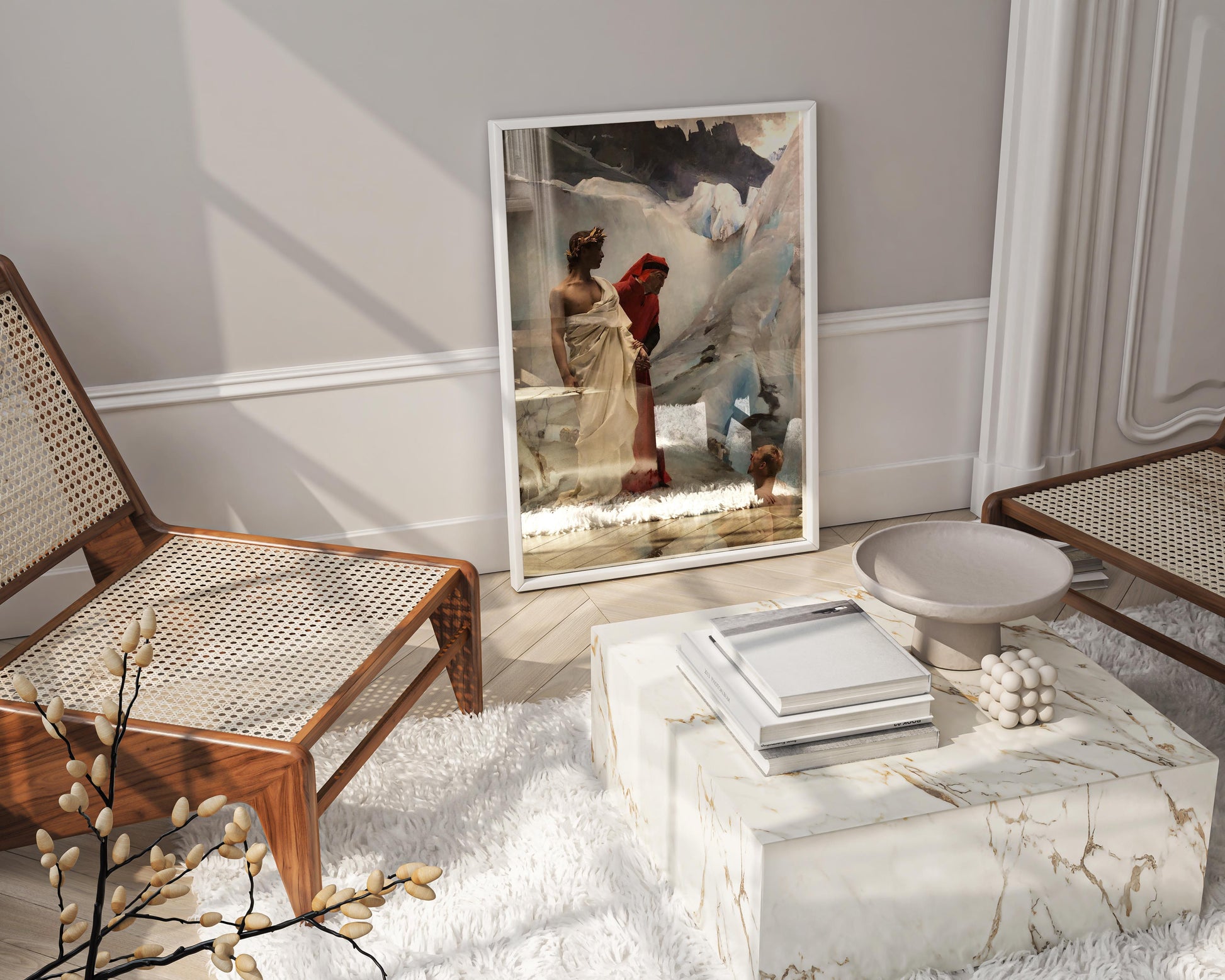 A high-quality framed art print of 'Dante and Virgil in the Underworld' by Gustave Courtois, serving as a striking focal point in a modern, luxury living room interior.