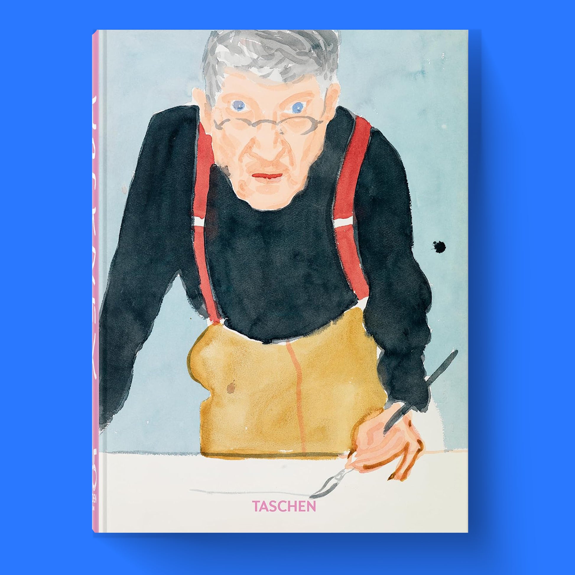 Cover of the "David Hockney. A Chronology" art book by TASCHEN, featuring a self-portrait painting by the artist in watercolour.
