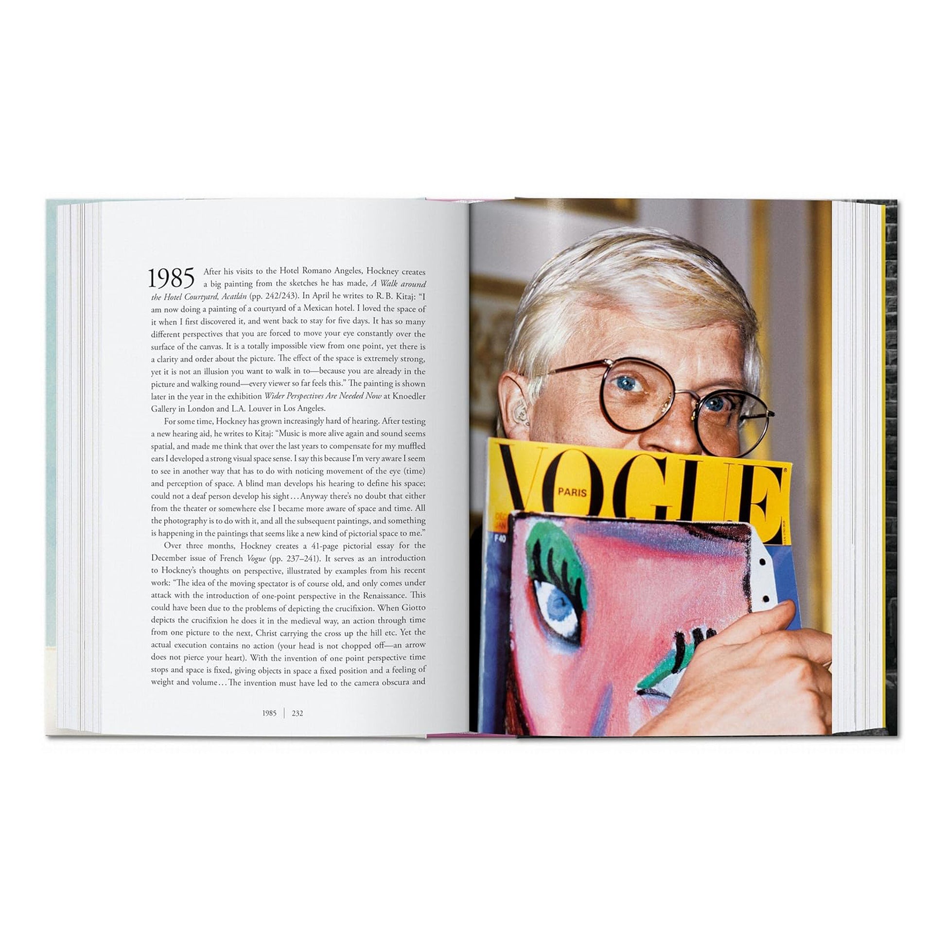 An image of David Hockney, the famous Pop Art artist, holding up his Vogue magazine cover, as seen in his biographical chronology art book from TASCHEN.