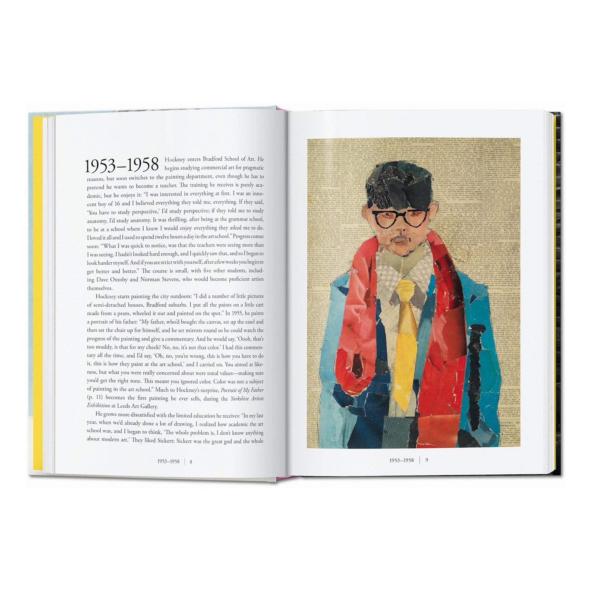 A two page spread from the David Hockney book showcasing an early portrait collage by the artist from 1953-1958.