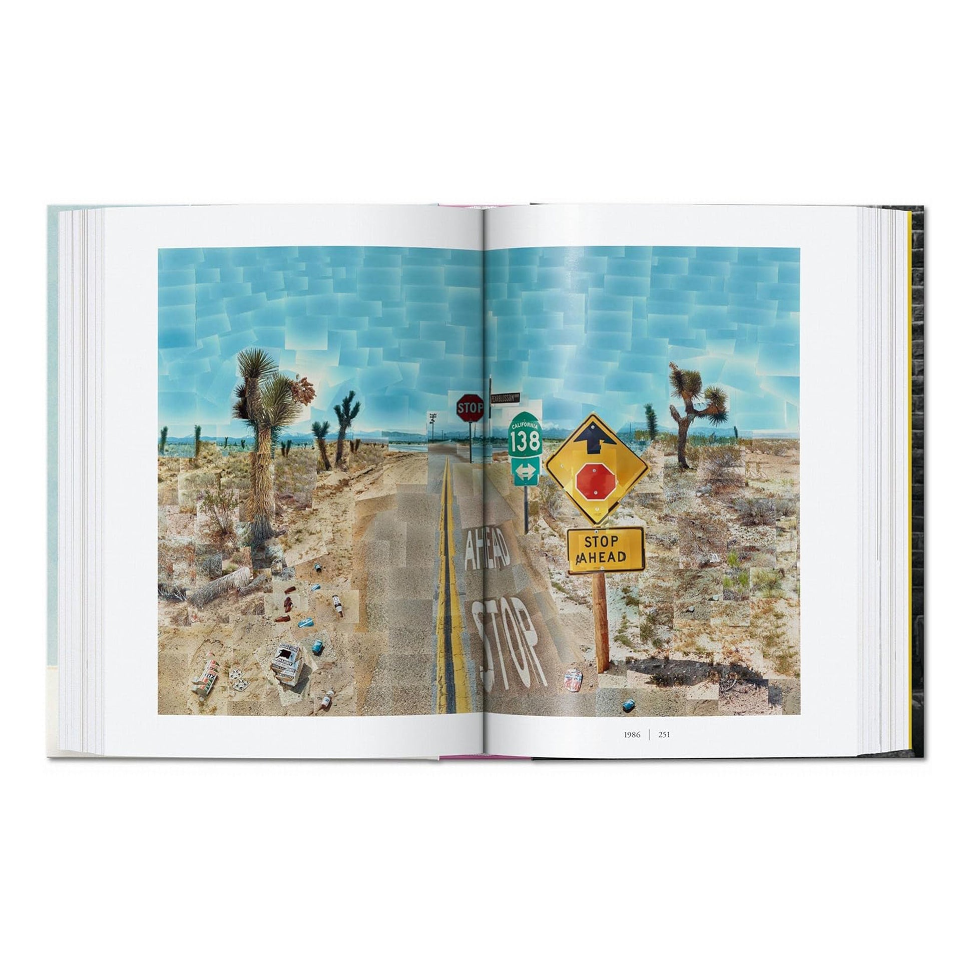 Inside the TASCHEN book, a vivid example of Hockney's photographic collage technique depicting a desert landscape and road signs from 1986.