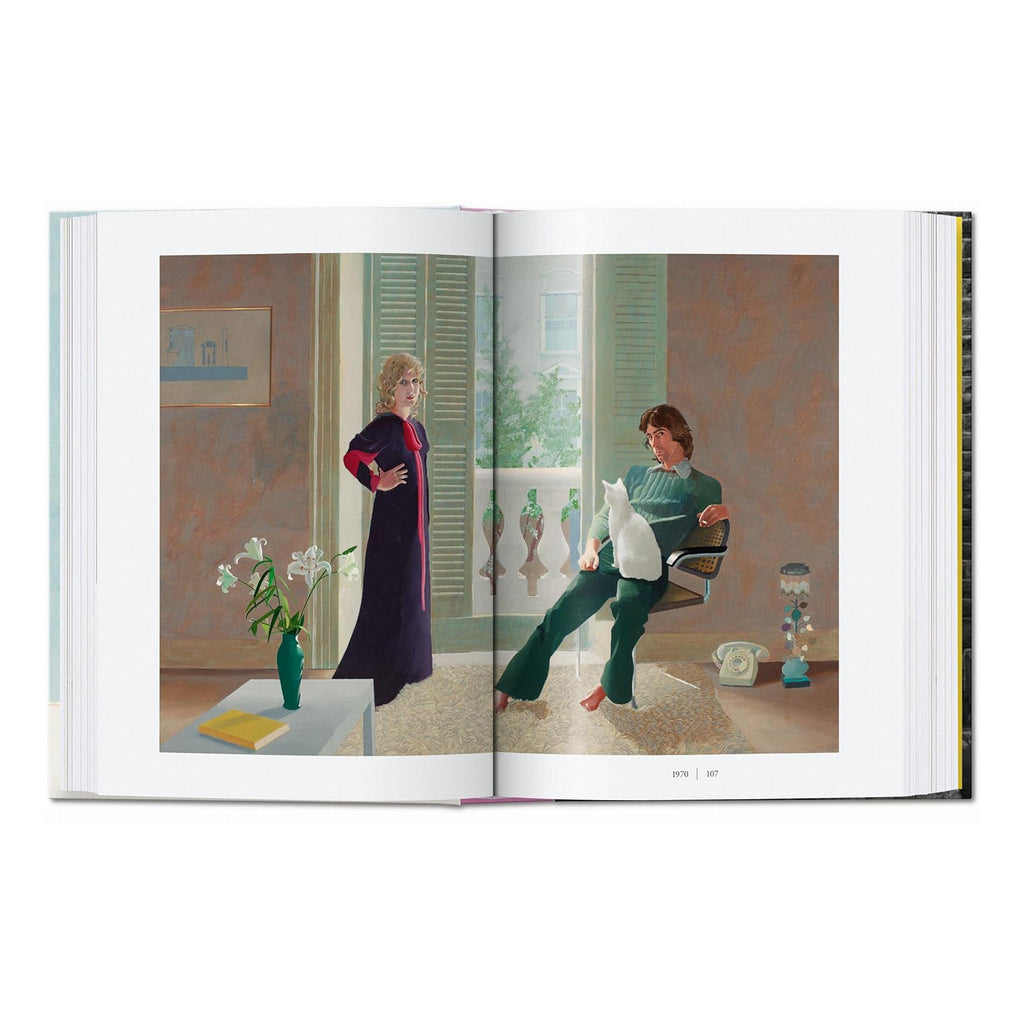 A fine art painting by David Hockney from 1970 of a man and woman in a domestic interior, featured in the TASCHEN chronology book.