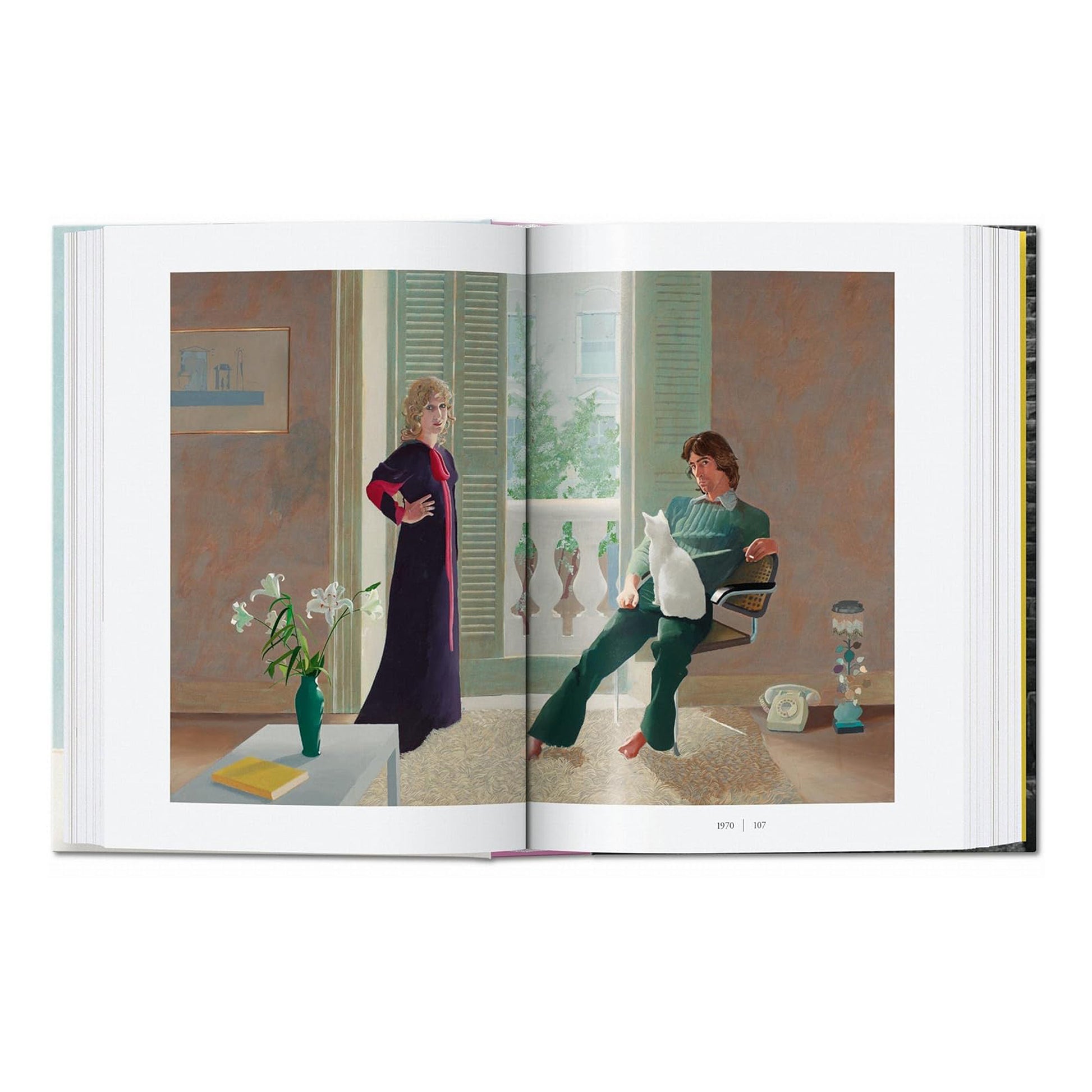 A fine art painting by David Hockney from 1970 of a man and woman in a domestic interior, featured in the TASCHEN chronology book.