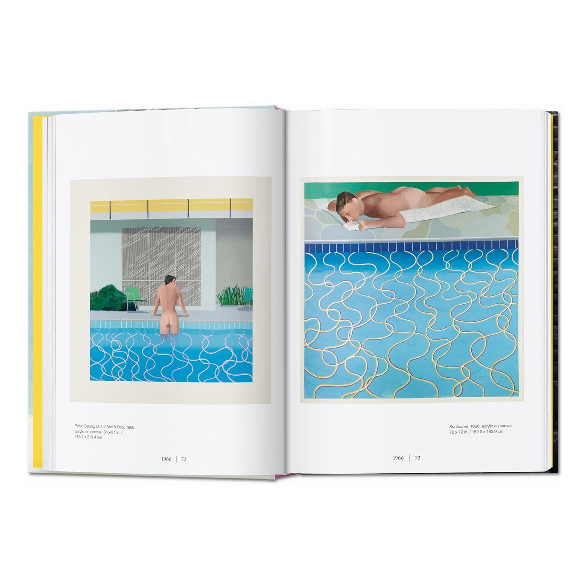 A page from the David Hockney book displaying two of his famous swimming pool paintings, "Peter Getting Out of Nick's Pool" and "Sunbather" from 1966.