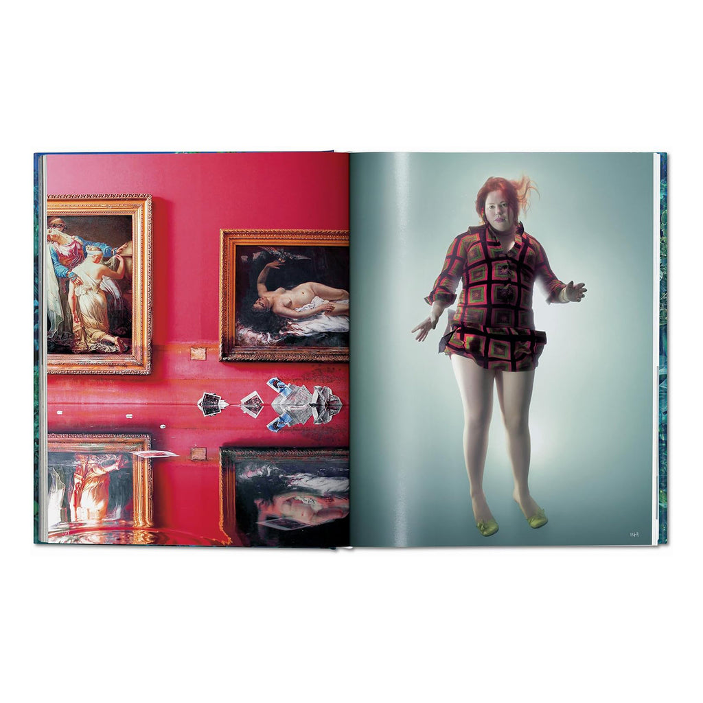 A double-page spread from the David LaChapelle Taschen art book showing a surrealist image of a person underwater on one page and a red room with paintings and reflections on the other.