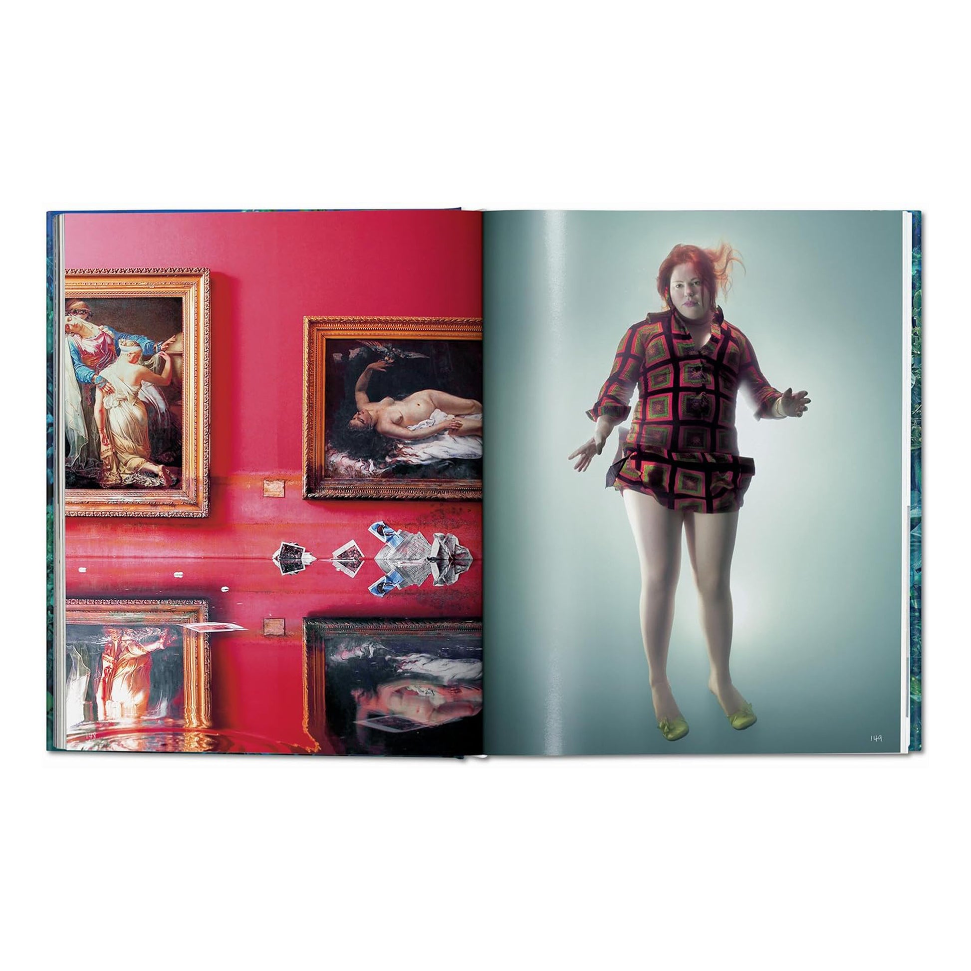 A double-page spread from the David LaChapelle Taschen art book showing a surrealist image of a person underwater on one page and a red room with paintings and reflections on the other.