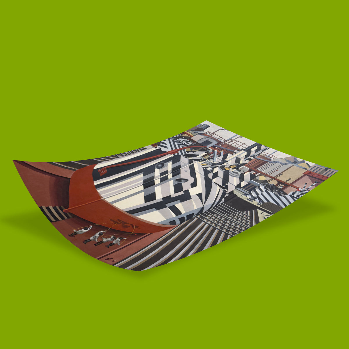 Dazzle camouflage ship art print by Edward Wadsworth with a rust red hull and geometric black, white and grey patterns