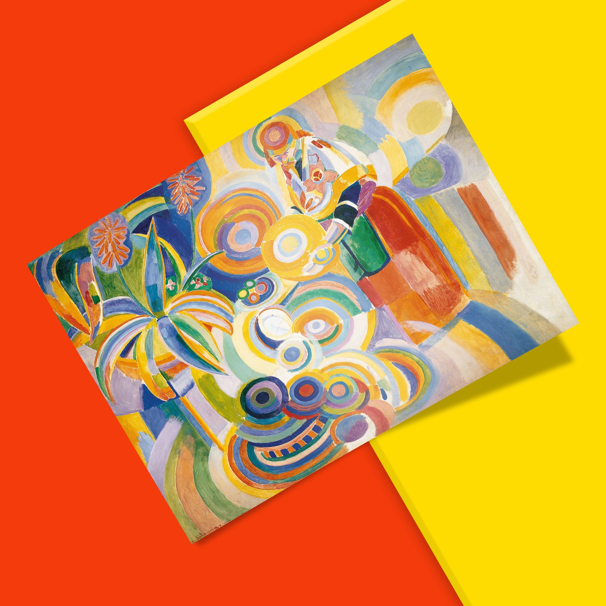 Close-up detail of Robert Delaunay orphic circles and vibrant colour composition in Portuguese Woman fine art print, high quality giclée reproduction