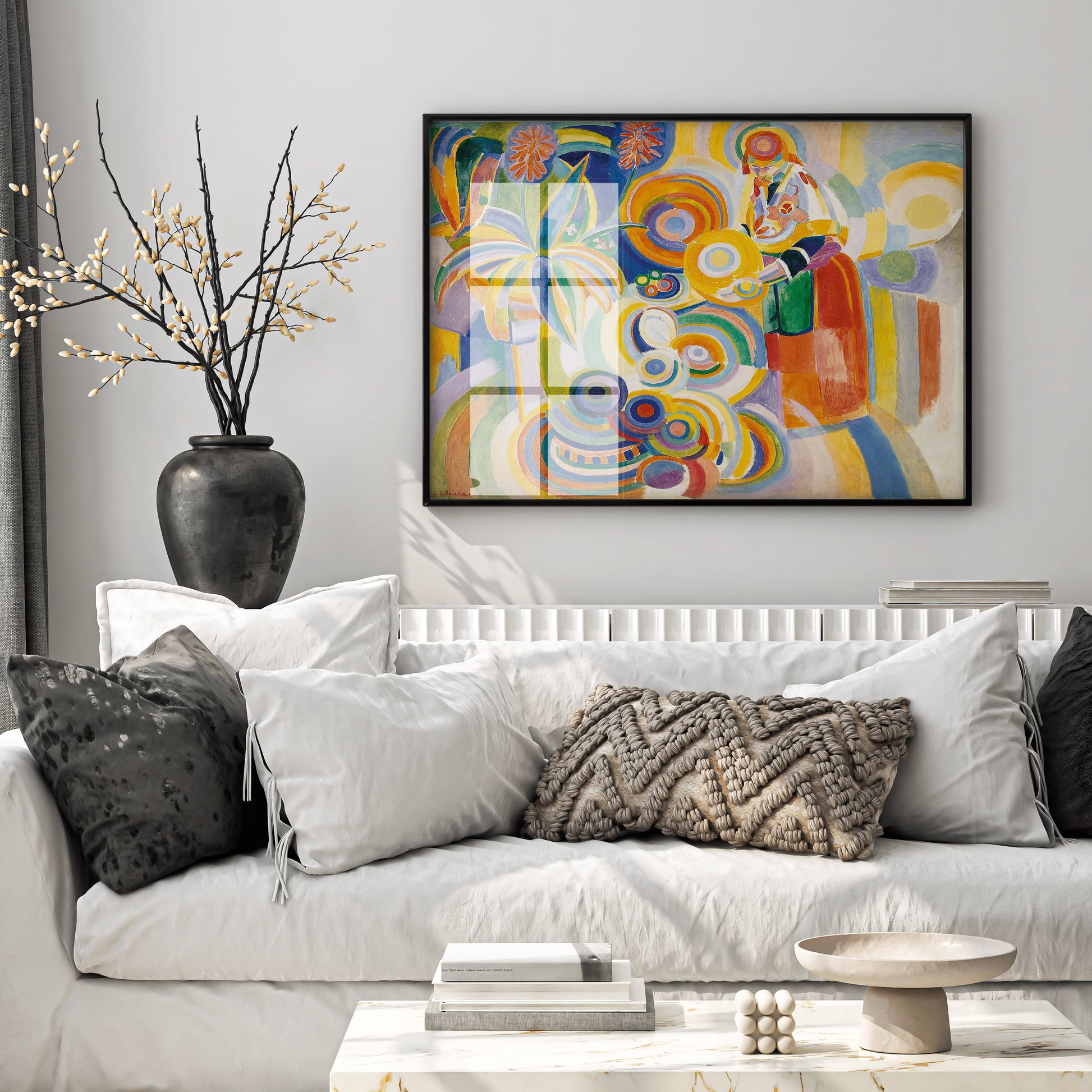 Robert Delaunay Portuguese Woman art print displayed in modern living room interior, contemporary wall art decor with vibrant colours