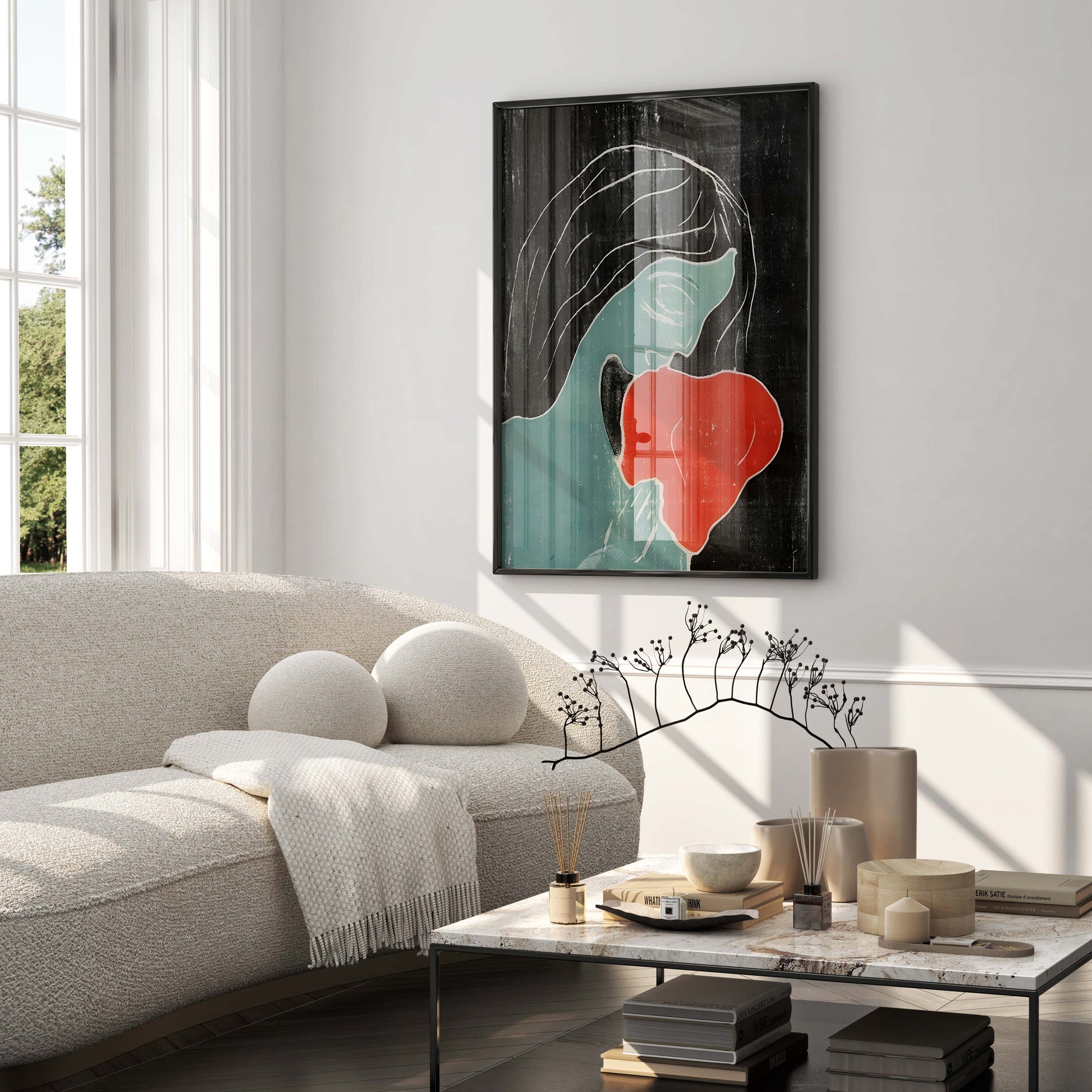 Framed Edvard Munch 'Two Heart' art print displayed as a focal point in a contemporary designer living room, enhancing the modern interior with classic fine art.