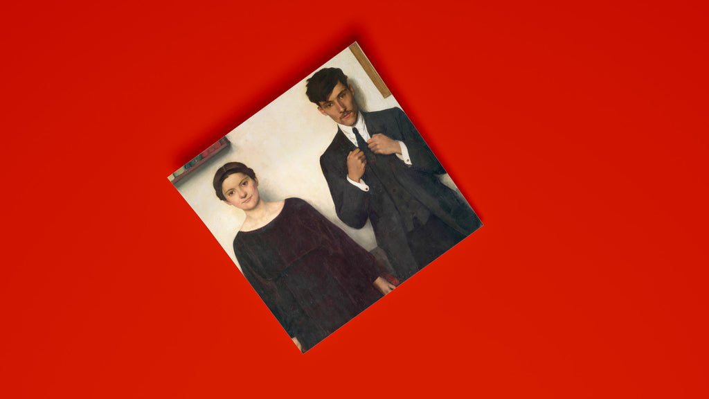 Pierre and Valentine double portrait art print by French artist André Devambez, Belle Époque wall art featuring realistic portraiture in muted tones