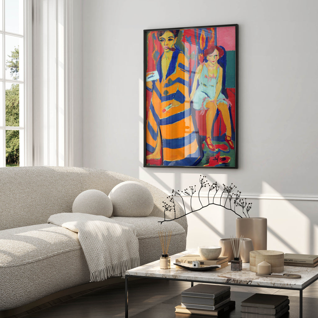 Kirchner Selbstbildnis mit Modell wall art print featuring bold orange and blue palette and angular Expressionist brushwork