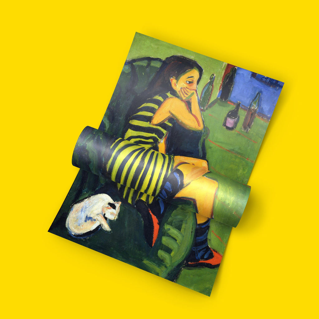 Kirchner Artistin 1910 art print showing Marcella reclining with white cat, vibrant green and yellow expressionist colours, premium giclée fine art reproduction for modern interiors