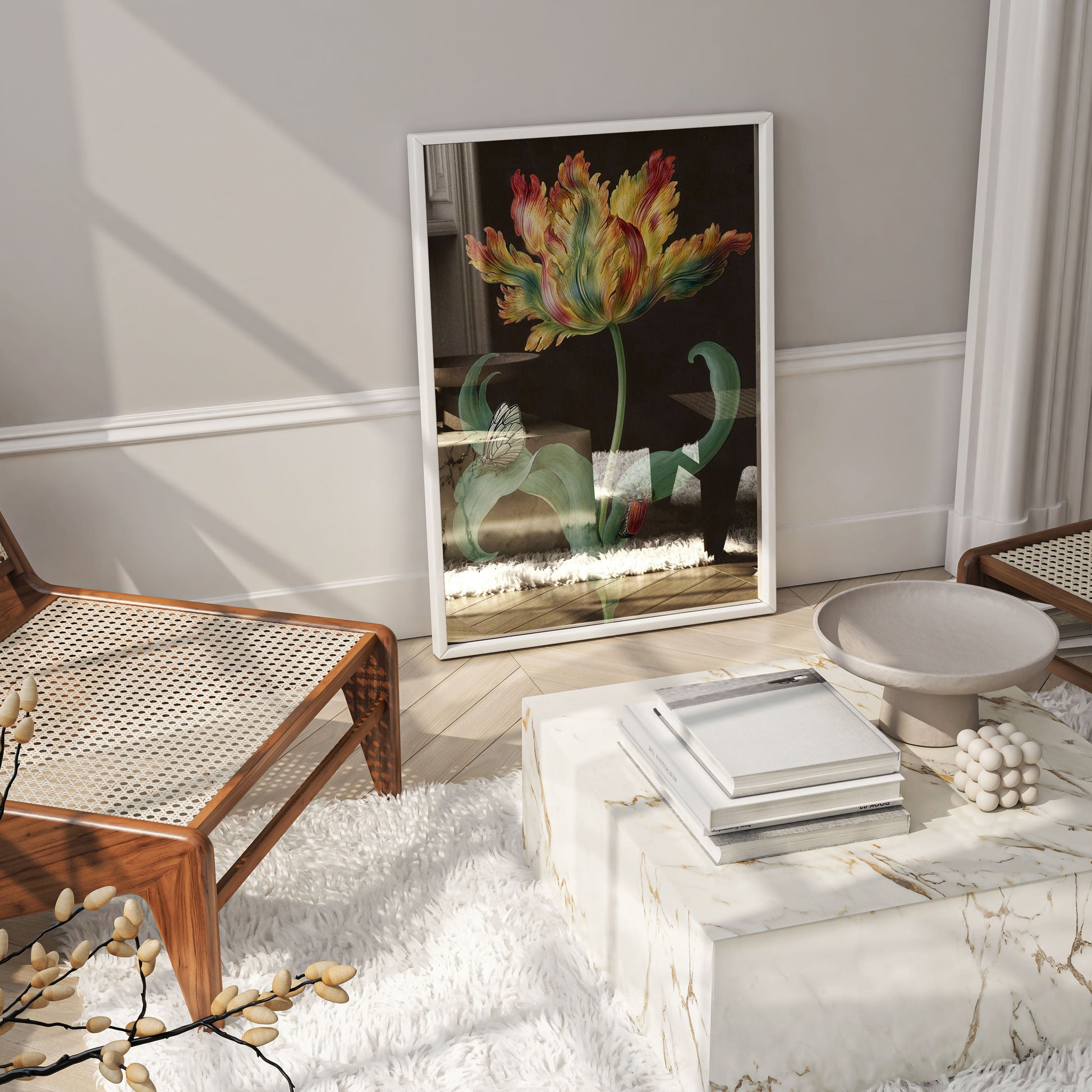 Museum quality framed botanical art print by Barbara Regina Dietzsch featuring tulip with insects, elegant floral wall art in wooden frame for home interior