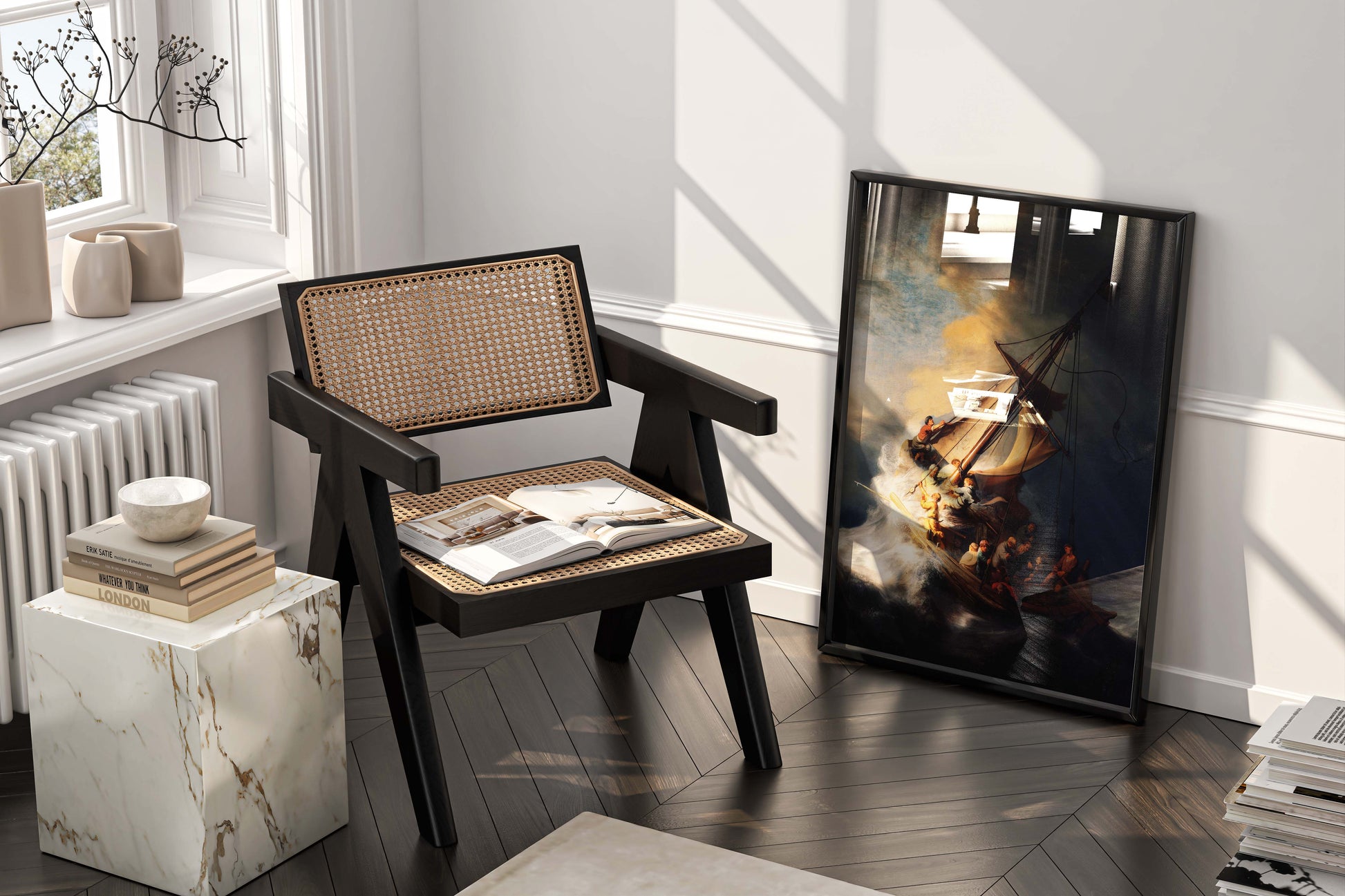 An opulent home interior with a framed reproduction of Rembrandt's famous seascape painting, "Christ in the Storm on the Sea of Galilee," adding a touch of classic art to a contemporary, high-end living space.