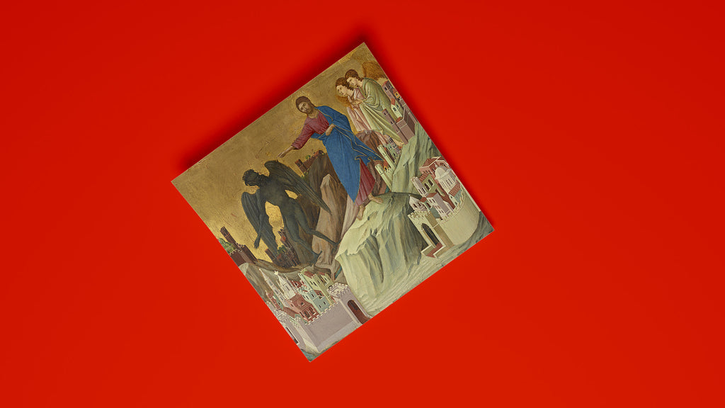 Sienese school religious art print from Duccio's Maestà altarpiece showing Christ in blue robes commanding dark winged Devil with jewel-like cities below