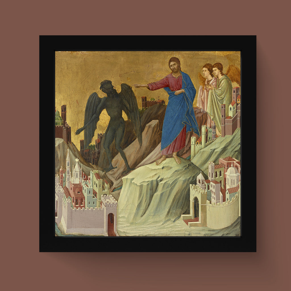 Duccio di Buoninsegna The Temptation of Christ on the Mountain fine art print featuring medieval religious painting with gold leaf background and miniature cities