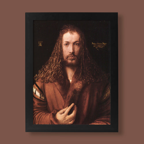 Albrecht Dürer Self-Portrait 1500, a key Northern Renaissance oil painting featuring the artist in a frontal, Christ-like pose with a fur-trimmed robe.