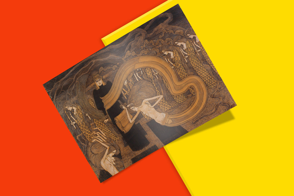 Vintage symbolist art print by Dutch artist Jan Toorop showing Fatalism with dramatic figures and flowing lines, high-quality wall art reproduction for contemporary interiors