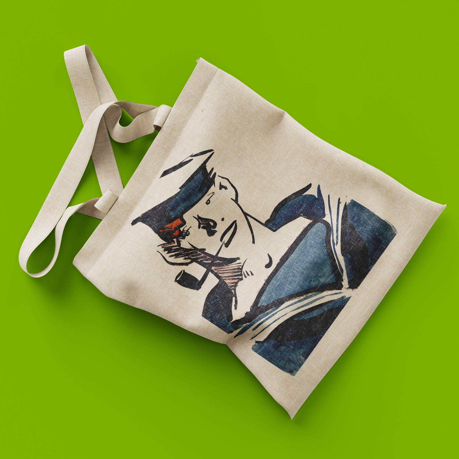 Designer art tote bag featuring Francis Cadell's iconic navy blue sailor painting, sustainable cotton canvas bag with museum shop quality reproduction