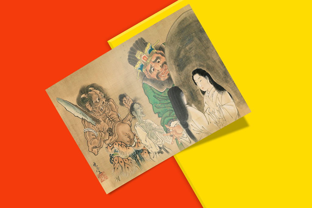 Traditional Japanese art print A Beauty in Front of King Enma's Mirror by Kawanabe Kyosai - classical painting style wall decor with mortality themes