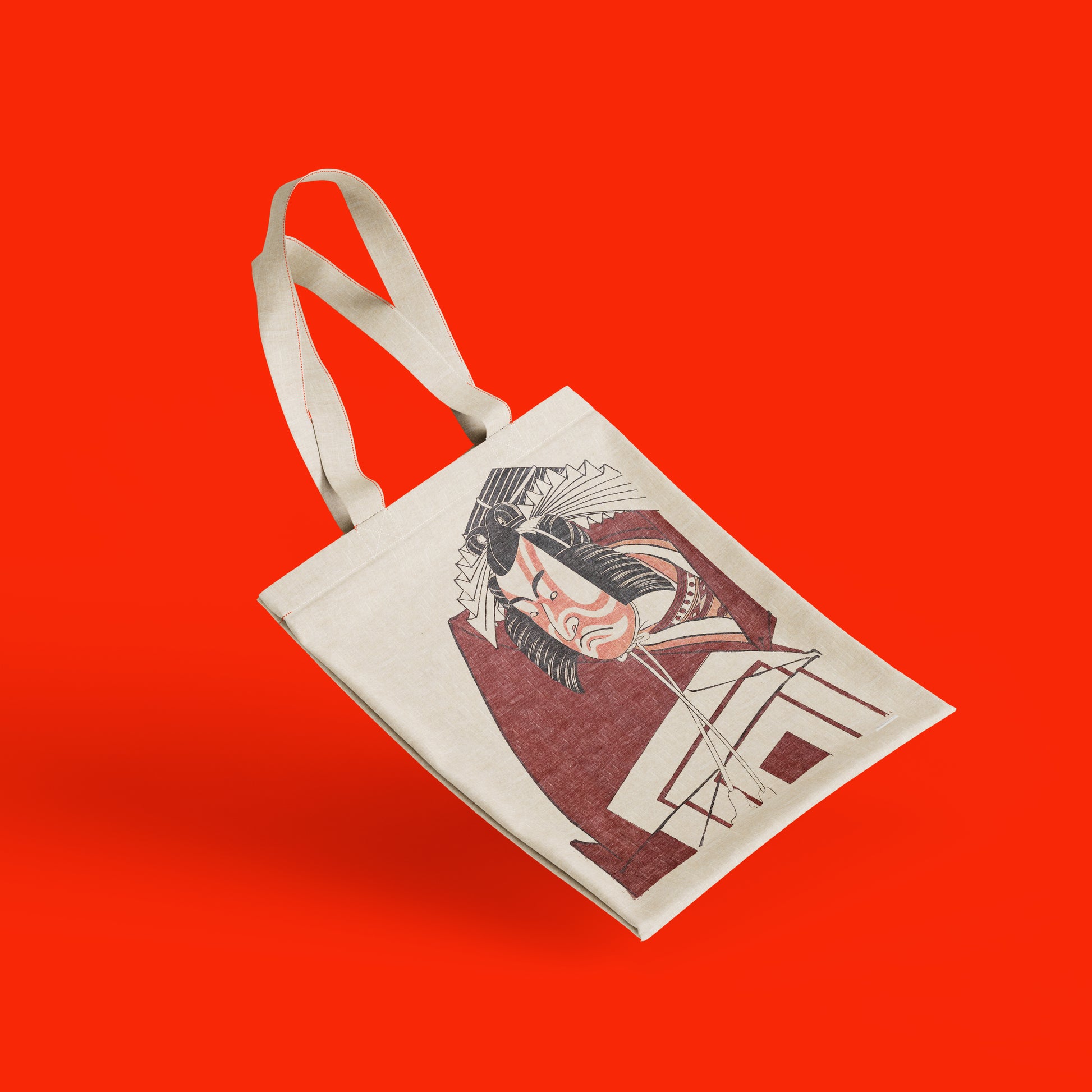 Reinforced handle detail of Japanese woodblock print tote bag featuring Katsukawa Shunko Kabuki theatre art, durable 100% cotton art accessory