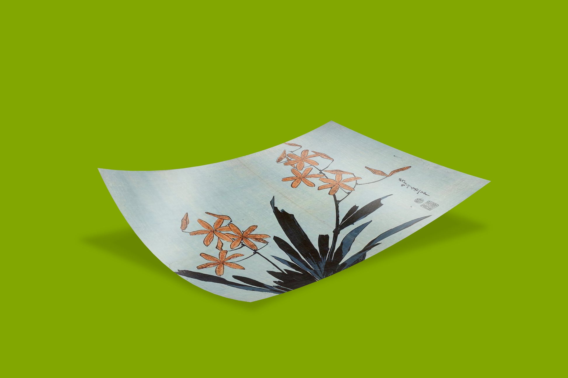 Hokusai fine art print featuring orange orchid flowers and strappy leaves, traditional Japanese botanical illustration, giclée art poster for collectors