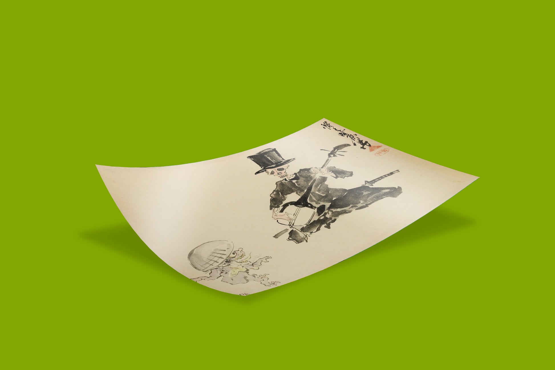 Traditional Japanese fine art print by Kawanabe Kyosai showing skeleton playing shamisen in formal attire with top hat, perfect for collectors of Japanese wall art