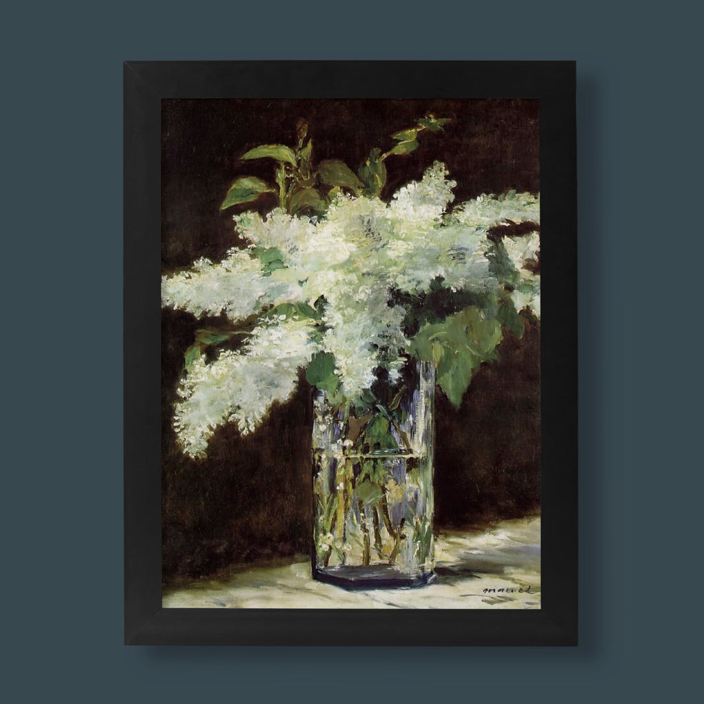 Édouard Manet White Lilac fine art print featuring soft white lilac blossoms in a glass vase, museum-quality giclée wall art