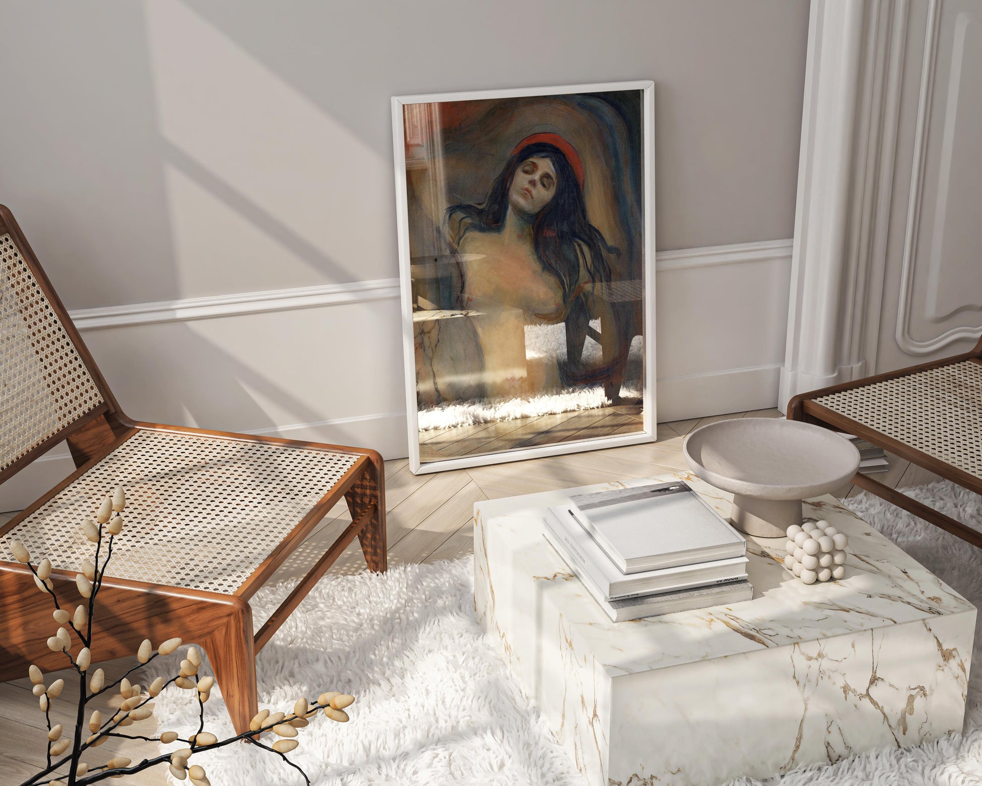 Stunning image of the Edvard Munch 'Loving Woman' print in a sleek frame, complementing a minimalist and sophisticated interior design.