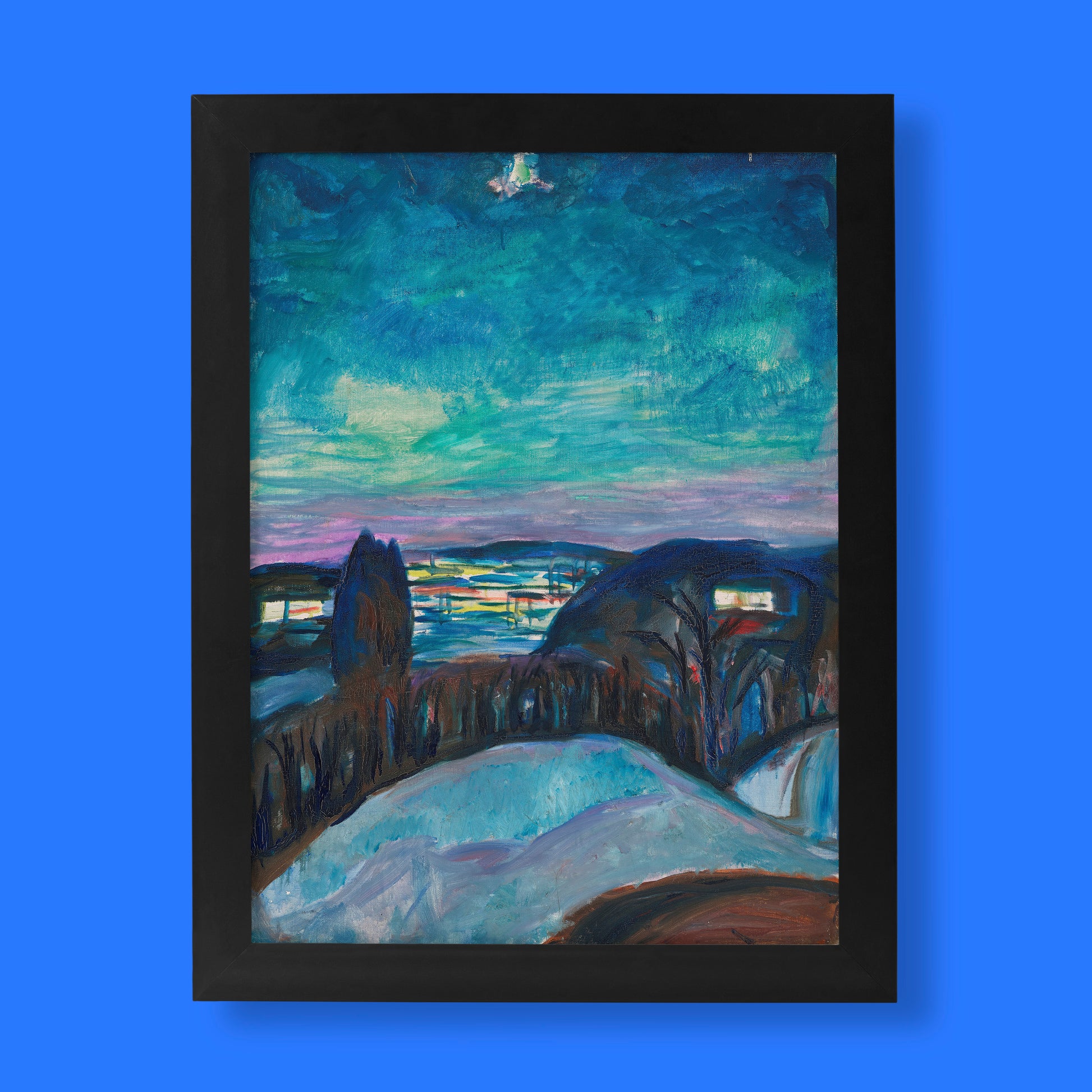 Edvard Munch Starry Night print showing blue winter landscape with Nordic sky, fine art poster for wall decor