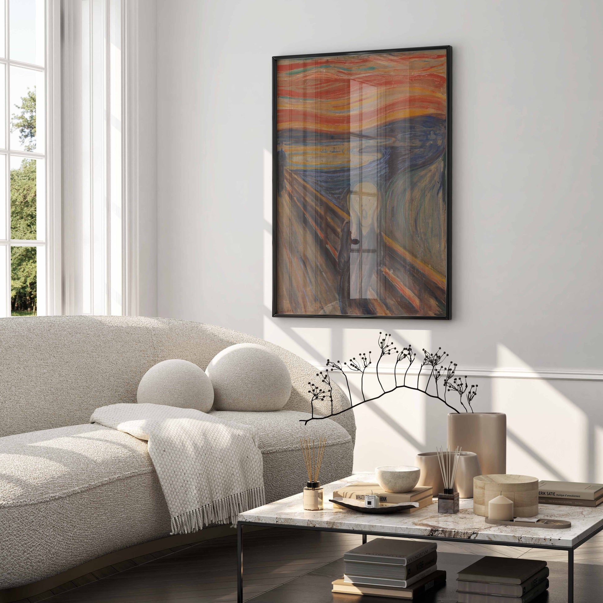 The Scream framed art print by Edvard Munch featured in elegant luxury interior décor setting