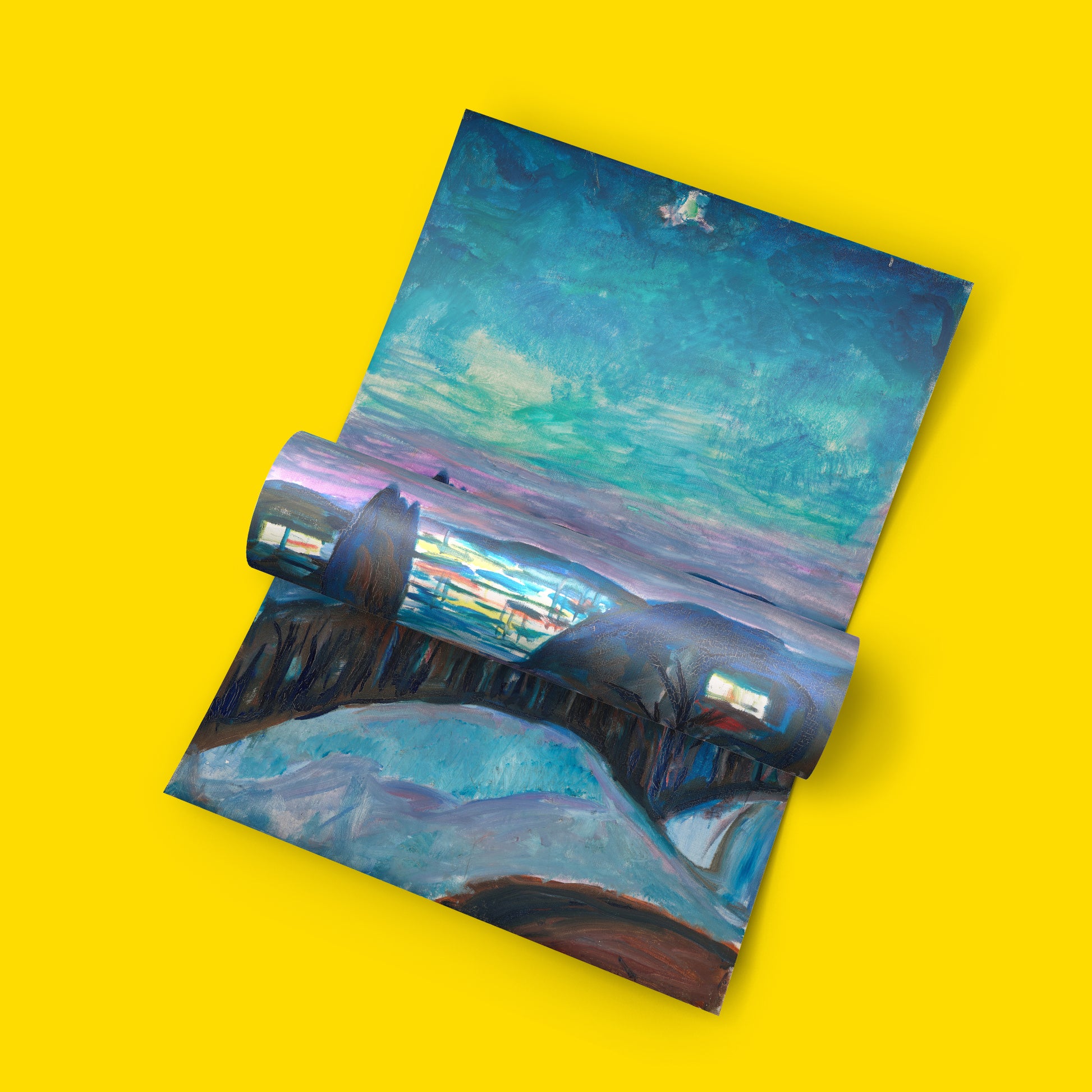 Edvard Munch blue landscape art poster, expressionist winter scene print with rounded forms and luminous sky