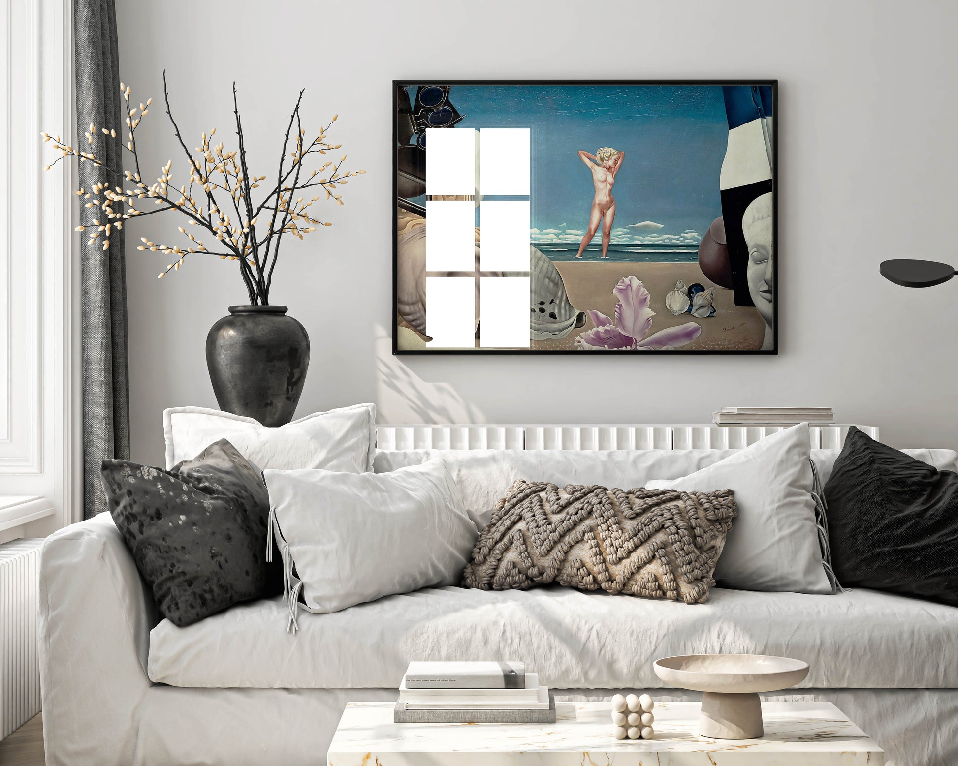 Framed art print of Edward Baird's Surrealist masterpiece, "The Birth of Venus," displayed as elegant wall art in a modern living room.