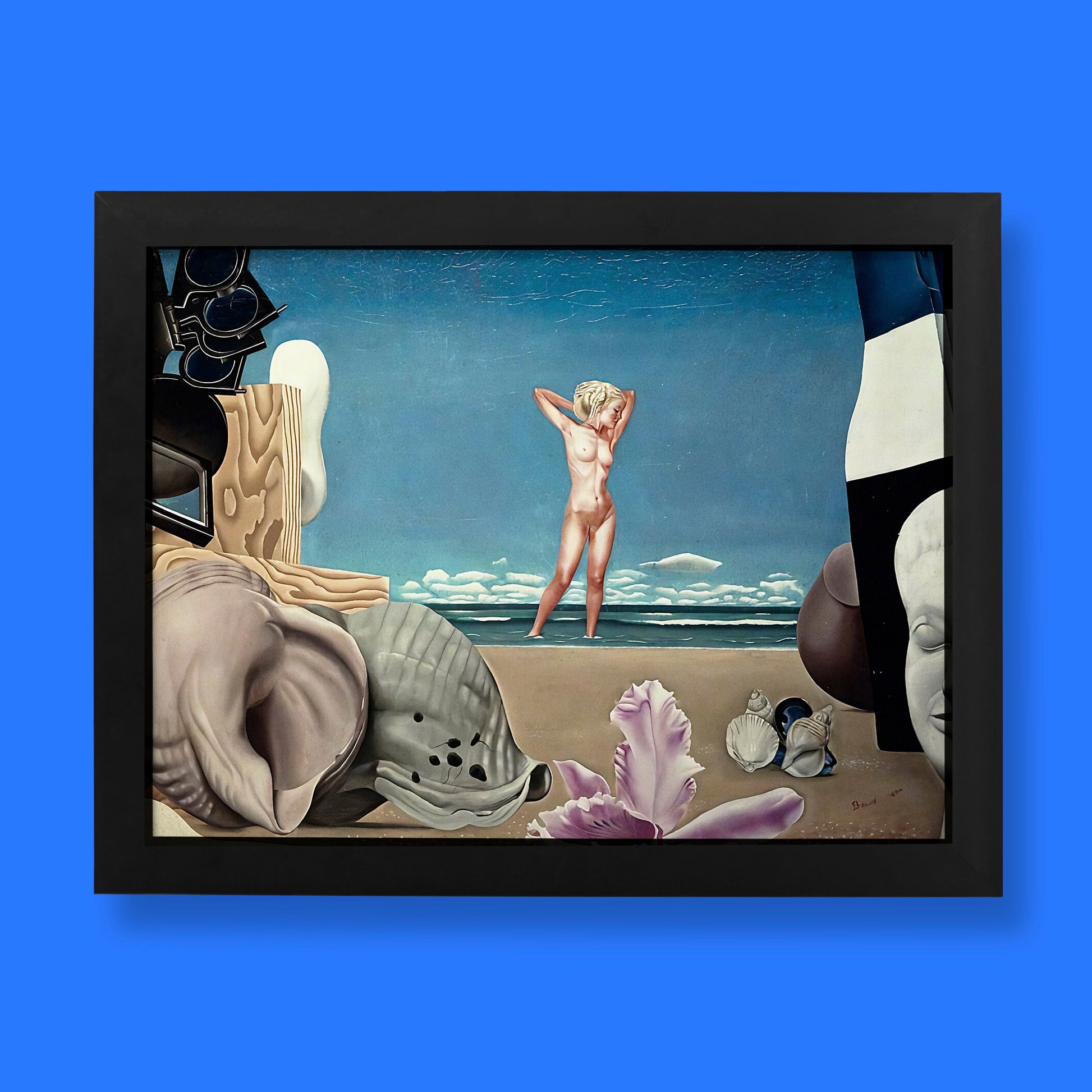 Museum-quality giclée art print of Edward Baird's "The Birth of Venus," featuring a pale nude figure on a Scottish beach with hyper realistic shells and driftwood in the foreground.