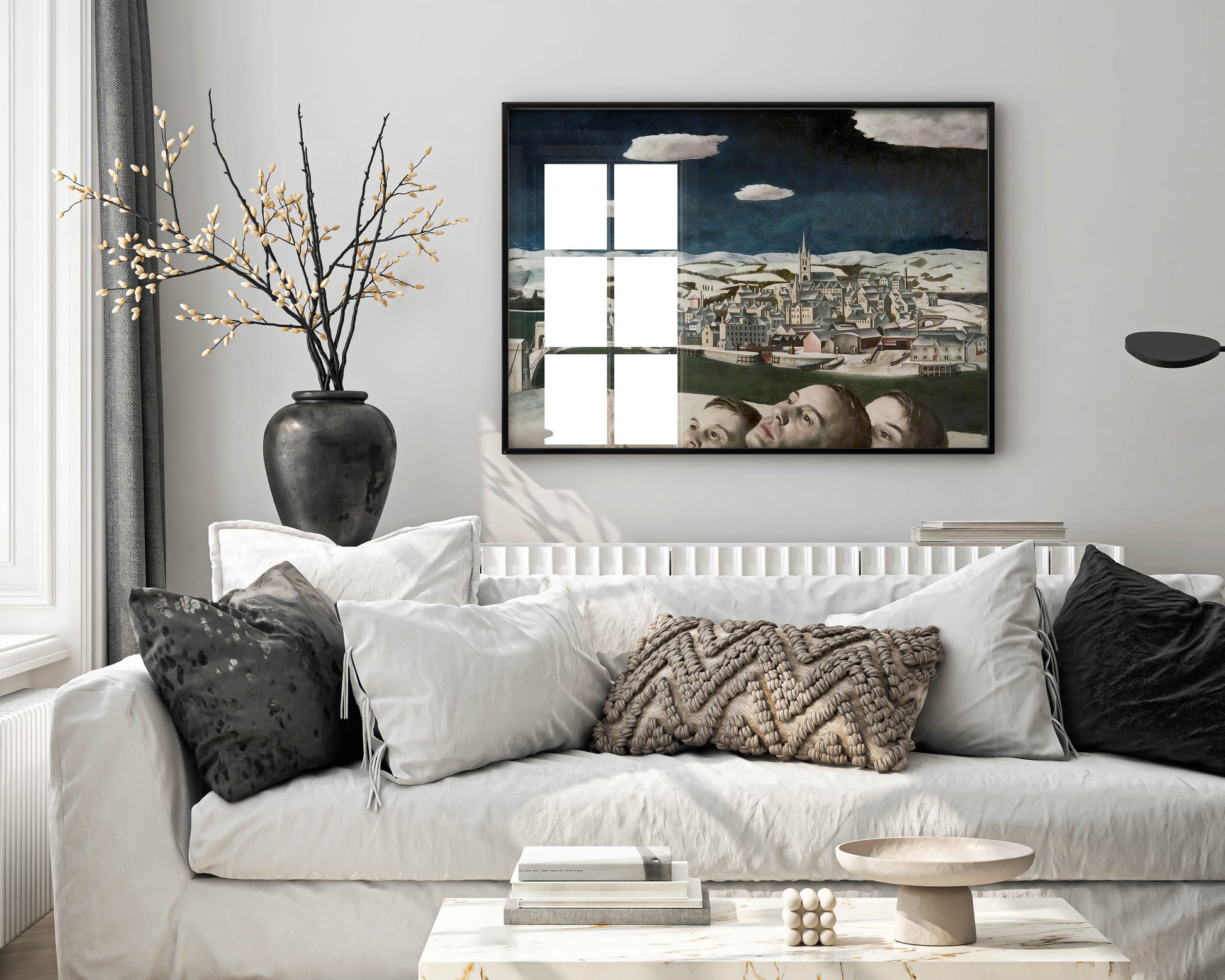 Edward Baird Unidentified Aircraft over Montrose framed art print displayed on modern living room wall, premium framed wall art featuring Scottish wartime scene with three figures and mysterious aircraft