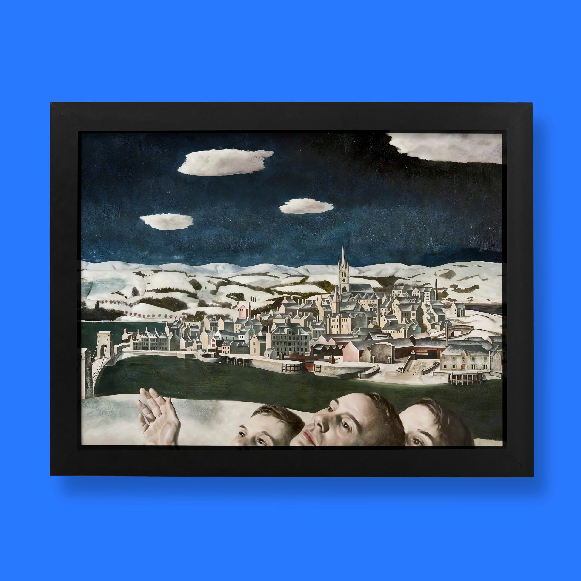 Edward Baird Unidentified Aircraft over Montrose fine art print featuring three upturned faces beneath mysterious aircraft in dark sky above Scottish town, premium giclée wall art reproduction
