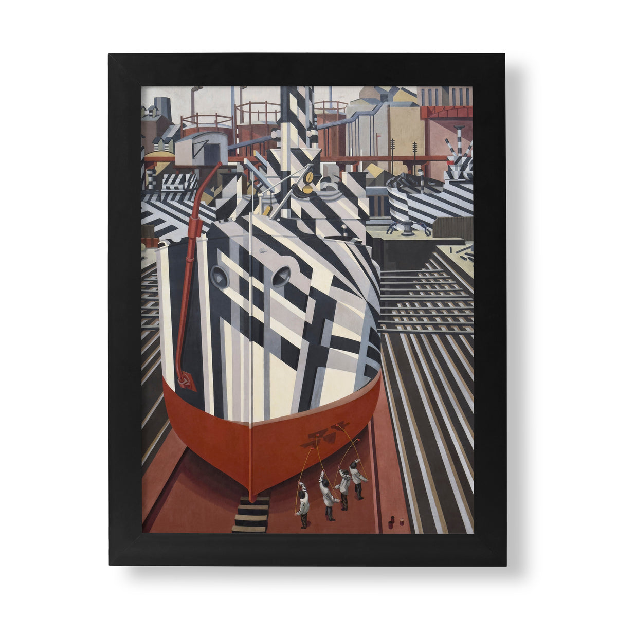 Edward Wadsworth Dazzle-ships in Drydock at Liverpool fine art print showing a dazzle-painted ship with bold black and white stripes