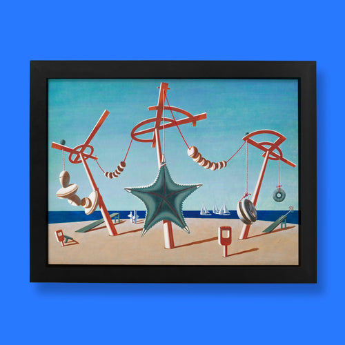 Edward Wadsworth North Sea fine art print showing a giant green starfish hung from red wooden scaffolds on a sunlit beach.