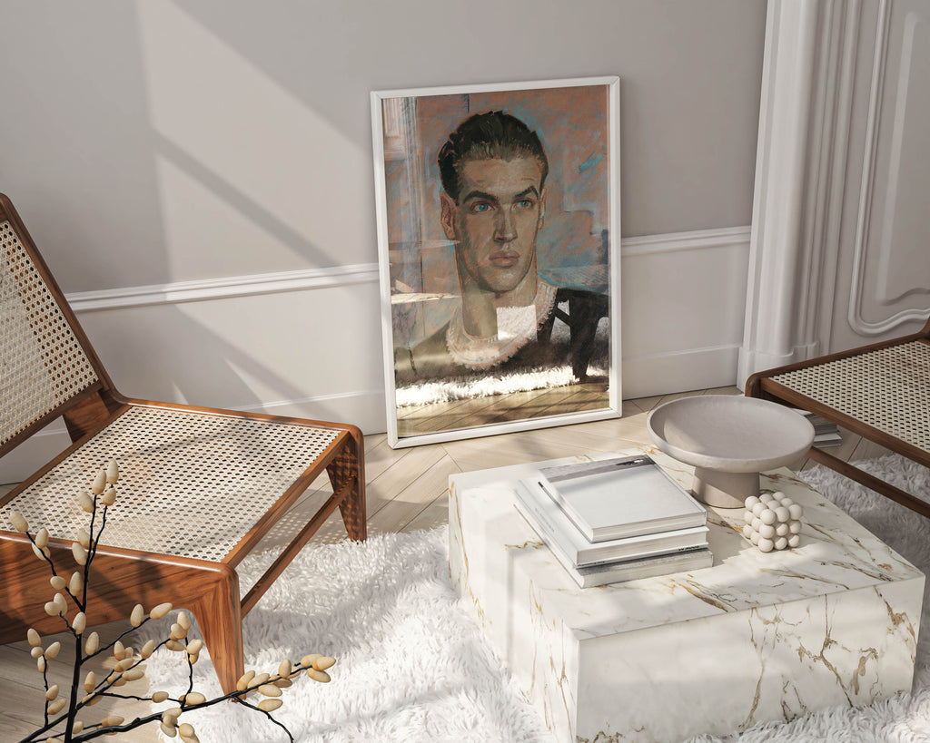 Glyn Warren Philpot André Eglevsky ballet dancer portrait framed art print displayed on living room wall - museum quality reproduction in elegant black frame perfect for home decor