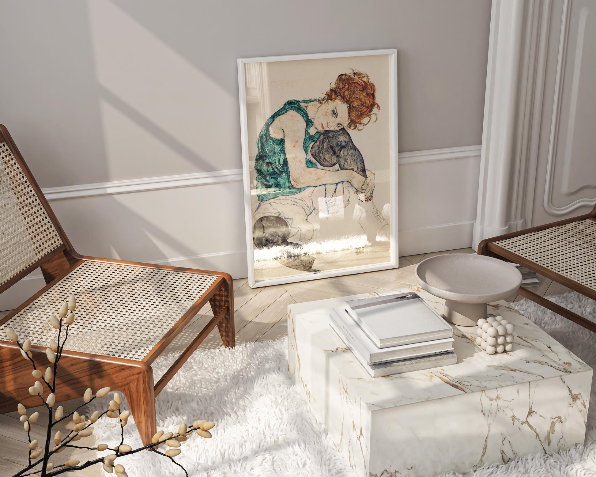 Giclée art poster of Egon Schiele's drawing of Adele Herms, offering vivid colors and a smooth matte finish for modern interiors.