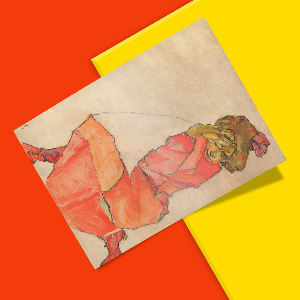 Charcoal line arcing from the skirt hem to the raised hand in Egon Schiele’s Kneeling Female, printed as museum-quality wall art.